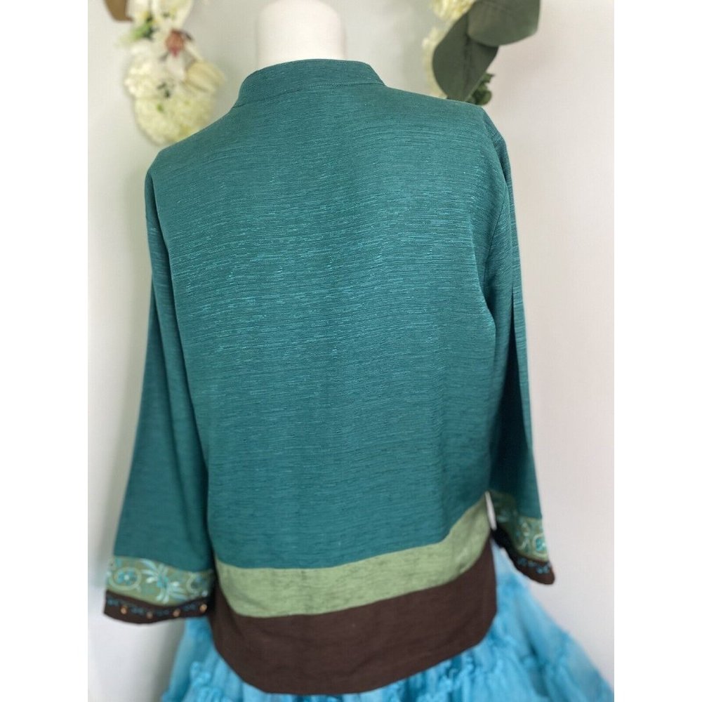 Erin London Womens L Silk Button Down Embroidered‎ Jacket Blazer Green Vintage - Picture 6 of 16